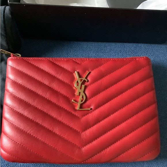 Yves Saint Laurent Red Clutch with Gold Logo - Picture 2 of 10